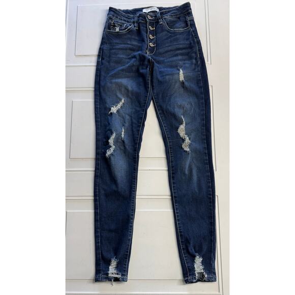 KanCan Denim - KanCan Estilo High Rise Button Distressed Skinny Jeans Dark Wash Size 5/26